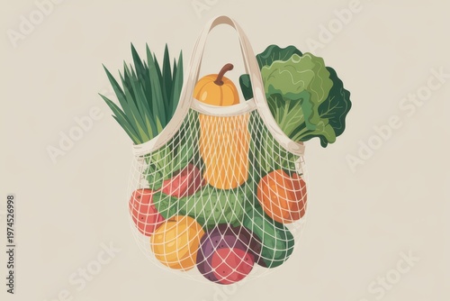 Reusable mesh bag filled with fresh vegetables and fruits on neutral background zero waste eco friendly shopping concept