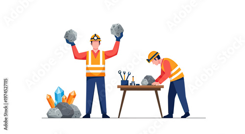 Two miners in reflective vests and hard hats working in a mine, one holding rocks and the other carving stone at a workbench with tools and crystals nearby.