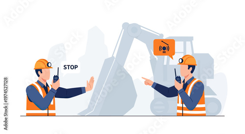 Construction workers communicating with radios and hand signals near an excavator, one signaling to stop.