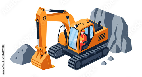 An isometric illustration of an orange excavator digging into a rocky terrain, with a construction worker inside the cabin.