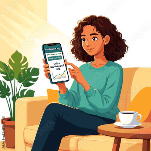 Create a realistic Online psychological help, mental health check using an app. A girl uses a mobile app to track her mood and mental health. Online psychotherapy concept. Psychologist vector art.