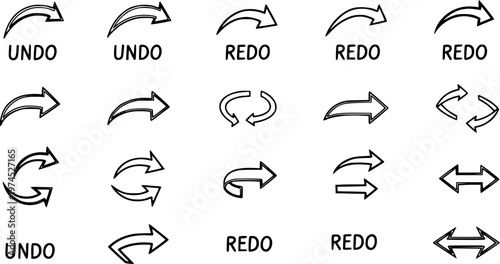 Technology User Interface Undo Redo Arrows Vector Icon Set. Black and White Outline Symbols for Software UI, Refresh, Sync, and Navigation Controls.