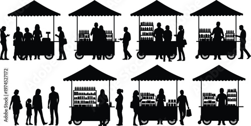 Market stalls silhouette illustration, street vendor vector design, outdoor commerce diagram, people shopping artwork, trade activity symbol, flat vector illustration