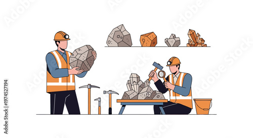 Miners carefully extract and sculpt geological specimens, showcasing the intricate process of mineral extraction and artistry.