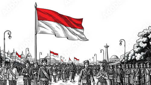 Illustration of Indonesian Independence Day Parade with National Flag
