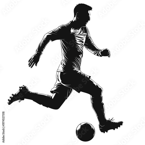 Black silhouette soccer player, kicking ball, sports illustration, athletic action