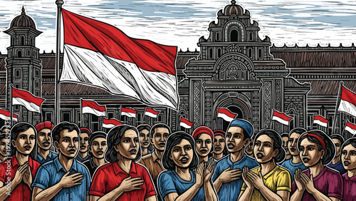 Illustration of People Singing National Anthem with Flags in Background