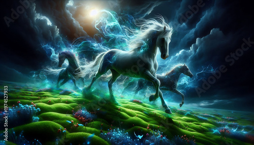 Majestic white horse galloping through a surreal mystical landscape