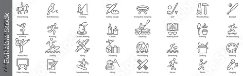 Hobbies and activities icon set – editable outline symbols of sports, creative arts, outdoor recreation and leisure pursuits