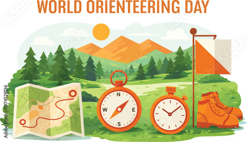 Vector graphic illustration for World Orienteering Day with compass map flags boots stopwatch and trees
