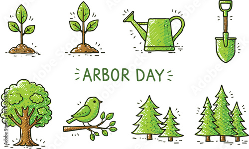 Arbor Day graphic features a person planting a sapling alongside many icons.
