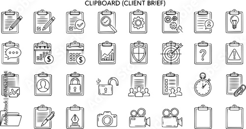Hand-Drawn Outline Business and Office Clipboard Icons Set. Sketchy Line Art Collection for Project Management, Productivity, Finance, and Technology Concepts.