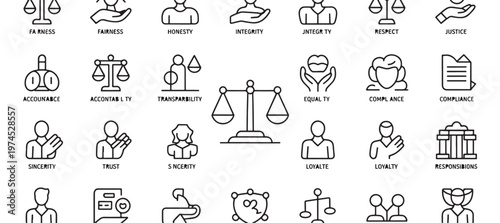 Minimalist icon grid illustrating ethics, values, and professional conduct principles.