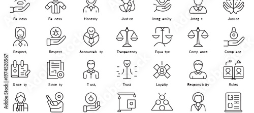 Minimalist icon grid illustrating ethics, values, and professional conduct principles.