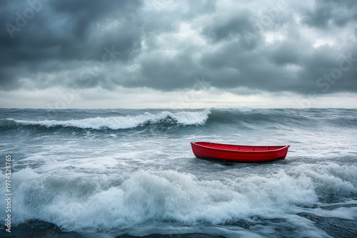 Kleines rotes Ruderboot treibt leer in den Wellen bei Sturm im Meer , Generative AI
