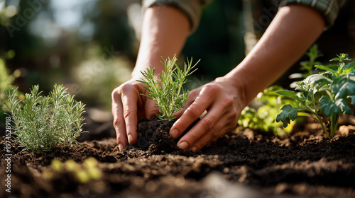 Woman gardening in backyard, planting herbs in soil, sunlight, close-up on hands, eco lifestyle, calm and mindful activity, digital detox concept