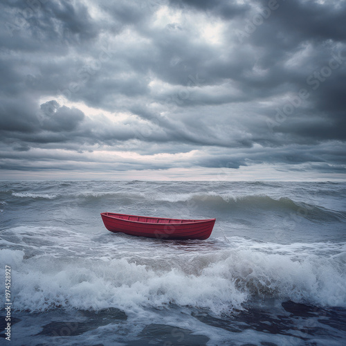 Kleines rotes Ruderboot treibt leer in den Wellen bei Sturm im Meer , Generative AI