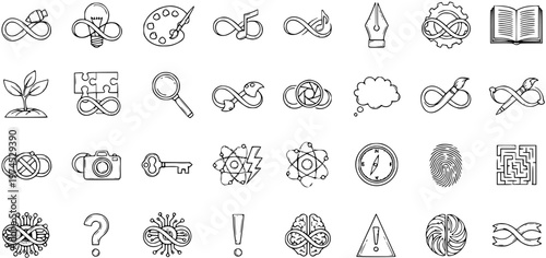 Conceptual Hand-drawn Black  White Line Art Icons Collection with Infinity Symbols. Doodle Vector for Creativity, Knowledge, Science, and Problem Solving.