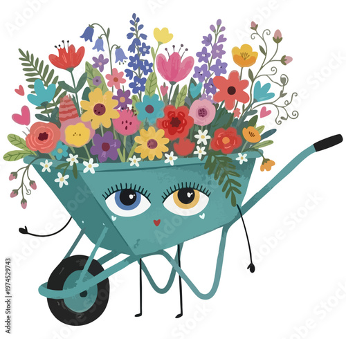 Cute cartoon wheelbarrow character filled with colorful spring flowers. Whimsical garden wheelbarrow with face, blooming wild flowers. Colorful floral happy garden cart character with spring bouquet