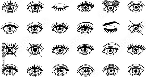 Beauty and Vision Human Eye Icons - Black  White Line Art Vector Illustrations Collection