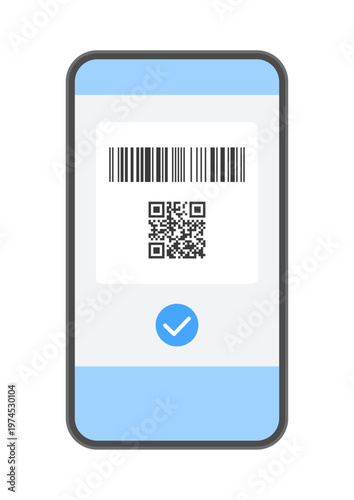 バーコードとQRコードとチェックマークが表示されたスマートフォン - コード決済の支払い完了イメージ