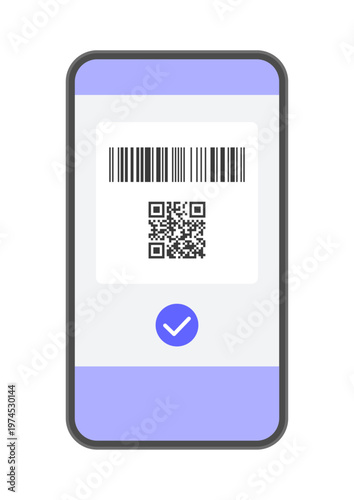 バーコードとQRコードとチェックマークが表示されたスマートフォン - コード決済の支払い完了イメージ