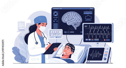 Medical professional monitoring a patient in hospital bed using advanced brain imaging and heart rate diagnostic equipment.
