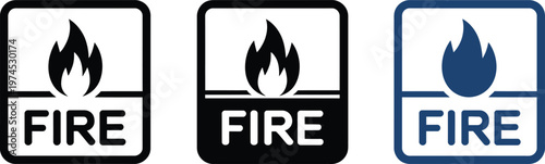 Fire emergency warning labels with flame icon and bold text for fire safety equipment marking set