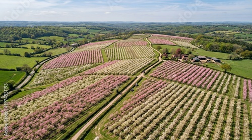 Aerial View of Blooming Fruit Tree Orchards in Spring