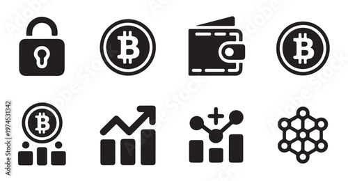 Set of 8 essential bitcoin and finance icons showing security, wallets, and financial growth.