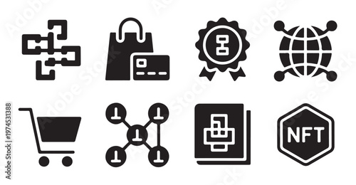 Set of business and technology icons including blockchain shopping cart certificate and network.