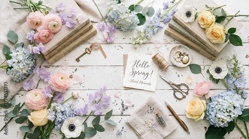 Hello Spring Floral Flat Lay with Vintage Books and Pastel Flowers