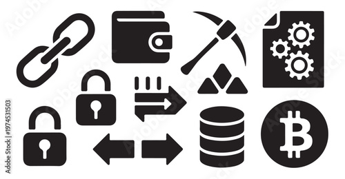 Digital currency blockchain wallet mining security and transaction icons set.