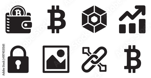 Crypto currency wallet and market trend icons for investment and blockchain technology set.