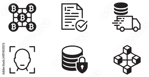 Data management and secure logistics icons for supply chain and blockchain technology tools.