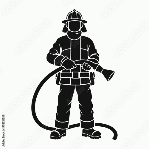 Firefighter silhouette vector illustration, fireman in protective gear holding a fire hose, emergency responder icon for safety and rescue services