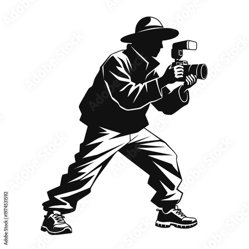 Professional photographer silhouette vector, paparazzi man with camera and flash, press journalist taking photos, black and white media icon