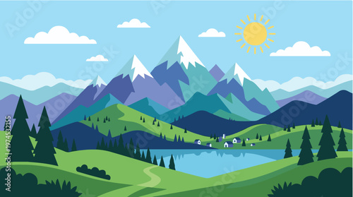 Vector landscape illustration of mountains, lake, and forest in a flat style.