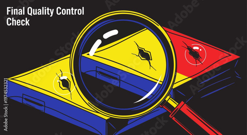 Quality control inspector examines colorful boards with magnifying glass closely.