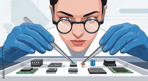 Technician examines microchips with tweezers in laboratory setting closely
