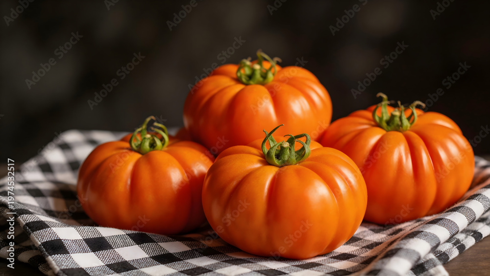 Obraz premium Fresh orange tomatoes on checkered cloth
