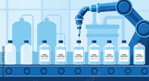 Robotic arm dispenses liquid into bottles on a production line in an industrial setting with machinery and equipment.