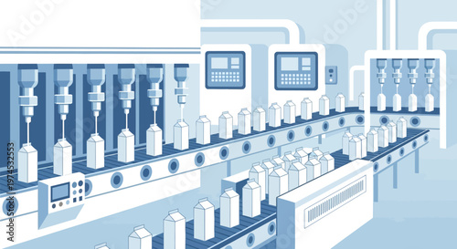 Workers operate machines on an industrial production line in a factory.
