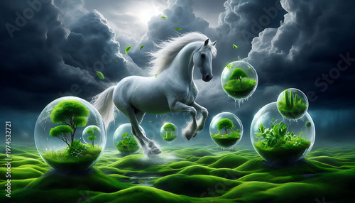 Majestic white horse galloping through a surreal mystical landscape