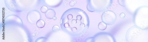 Medical background with transparent glass droplets and molecular structures. 3D realistic vector banner of vitamin serum, collagen particles, and DNA elements for skincare science concepts
