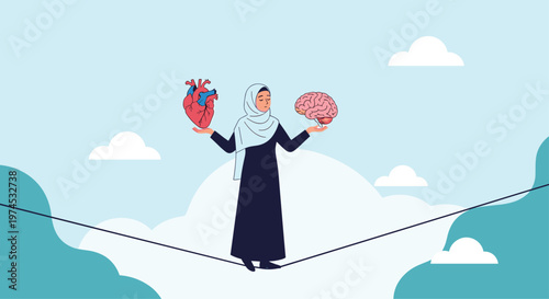 Woman in a black dress and light blue hijab walking on a tightrope while balancing an anatomical heart and brain icons.