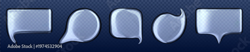 Glossy transparent chat bubble icon with liquid glass effect, set of realistic vector shapes. Modern 3D speech balloons for messaging apps, digital communication interfaces, and tech dialogue design