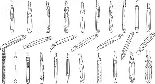 Black and White Line Art Hand-Drawn Utility Knives and Box Cutters Vector Collection for DIY, Craft, Office, and Industrial Tools