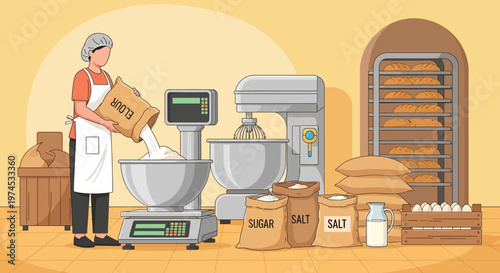 A baker prepares ingredients in a bakery with industrial mixer and oven nearby.