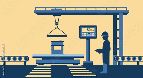 A worker operates a crane lifting heavy industrial equipment on a factory floor.